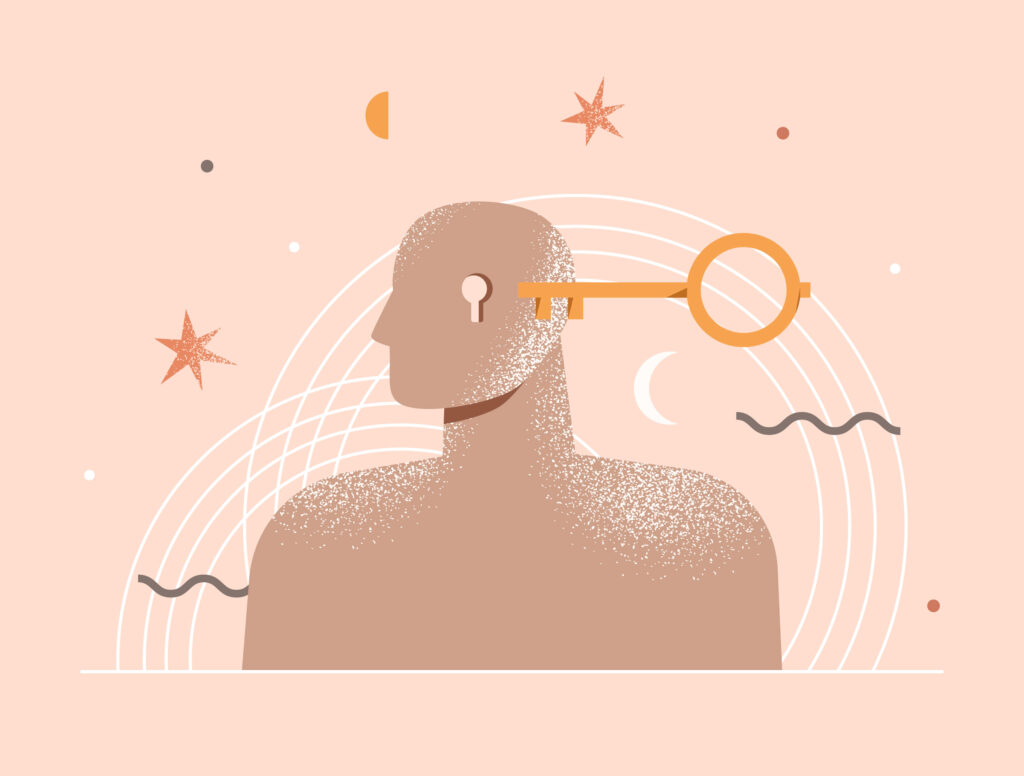 Dessin représentant la partie haute de la silhouette d’un homme. Sur son visage(de profil) est incrusté une serrure. Aussi, une clef est dessinée. Bientôt elle entrera dans la serrure.